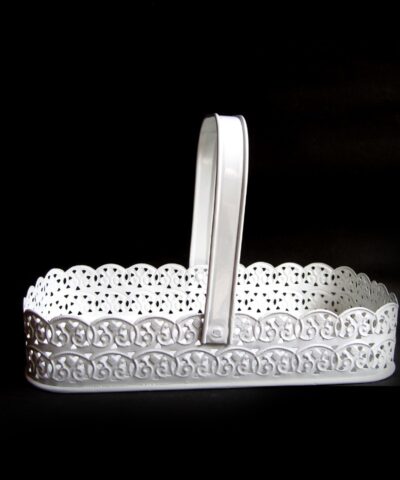 Metal Sheet Rectangle Hamper Basket (Embossed Border - Laced Cut) 11x6x2.5 inches (White)