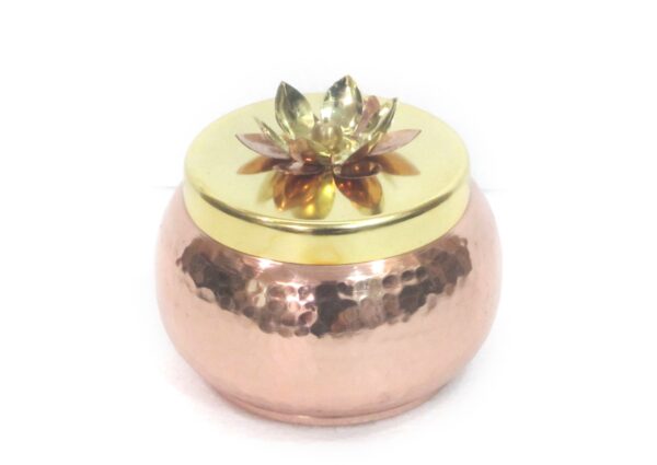 Copper Finished Hammered Metal Jar with Brass Copper lotus flower on top - 5x4 inches - Image 3